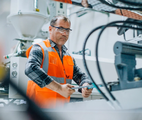 A man wearing safety goggles works on a plane turbine.