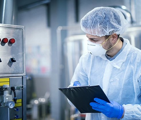 A medical professional wearing a labcoat, a facemask, and hairnet holding clipboard